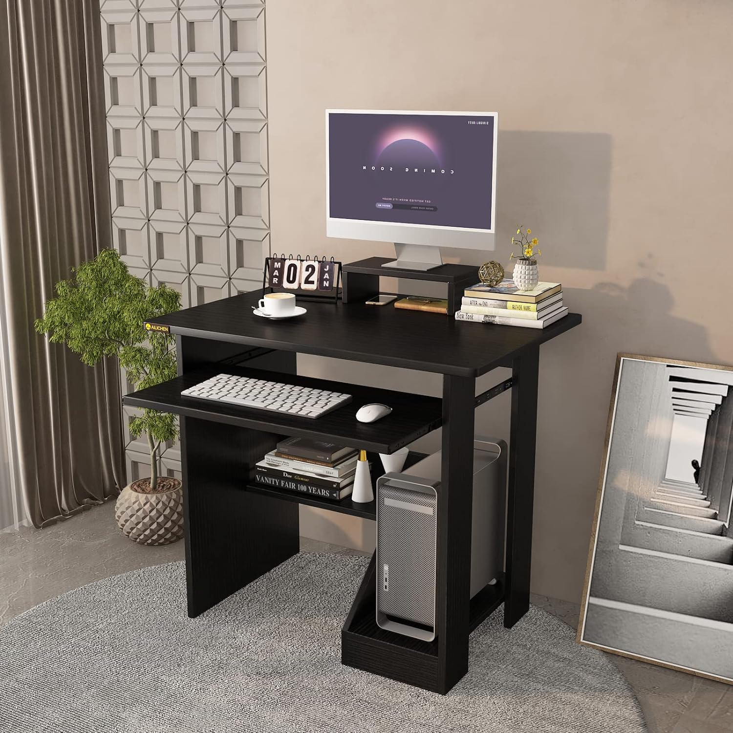 ALISENED Home Office Computer Desk with Monitor Stand Keyboard Tray， 29.5 Inch Study Writing Desk Small PC Laptop Table with Storage Shelves， Modern Workstation for Small Spaces Save Space - Image 2